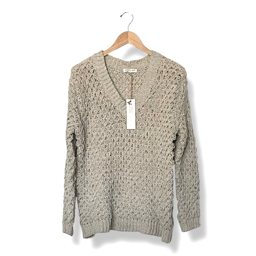 Woven Heart V-Neck Open Knit Sweater in Oatmeal - Picture 3 of 10